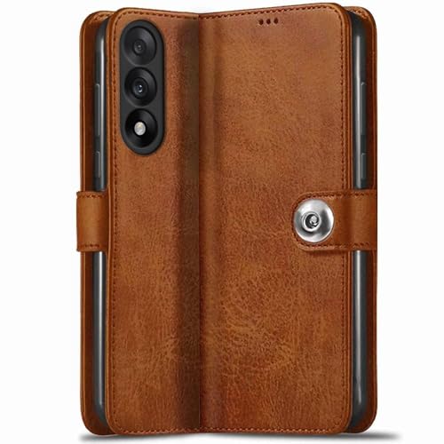 Image of TheGiftKart heGiftKart Genuine Leather Finish Flip Back Cover Case for OnePlus Nord 5 5G | Inbuilt Pockets & Stand | Wallet Style | Designer Button Magnet Flip Back Cover Case (Faux Leather, Brown)