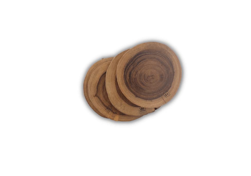 Vesta Homes Natural Acacia Wood Log Coasters for Tea, Coffee, Beer Mug | Set of 4 | Teak Finish | Handcrafted in India | Heat Resistant (Without Bark)