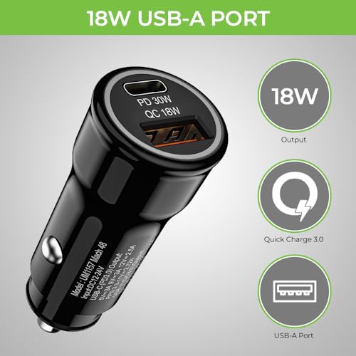 Image of Ultraprolink | 48W Dual Port Fast Car Charger|30W Type C PD-PPS Port+18W USB-A QC3.0 Port| for iPhone 14 /13 /12 /11, iPads | Includes 1m USB C to iPhone PD Cable | Mach48|UM1157L | Black