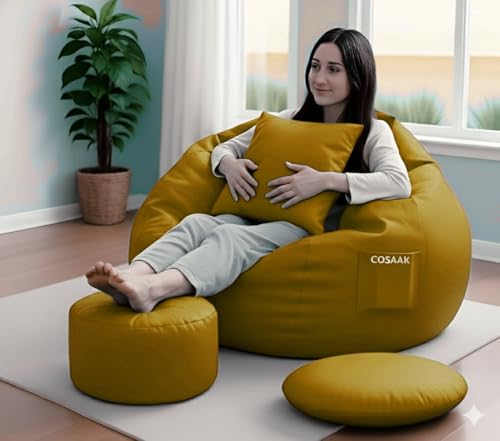 Image of 2XL Teardrop Bean Bag Chair Set with Footrest & Two Cushion, Faux Leather, Indoor Gaming and Lounging, Adult Size (Camel, XXL, Solid)