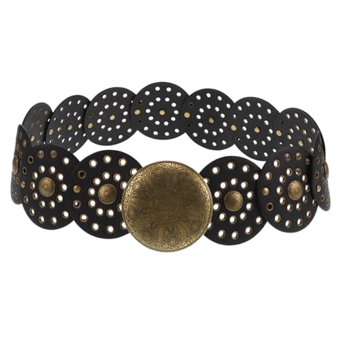 BESPORTBLE Vintage Western Wide Disc Belt for Women Retro Leather Waist Accessory with Metal Buckle for Jeans Dresses and Skirts Unique Eyecatching Design Antique Black