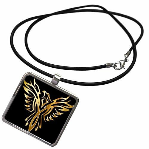 3dRose Metallic Gold - Image of Metallic Gold Phoenix On Black - Necklace With Rectangle Pendant (ncl_279965)