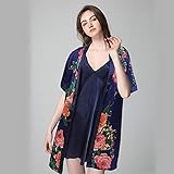 Sexy Nachthemd Für Damen,2 Pcs Satin Nachtwäsche Rayon Tiefblau Print Casual Nachthemd Kimono Nachthemden Casual Camisole Babydoll Bademantel Für In Flitterwochen Home Kleidung, L.