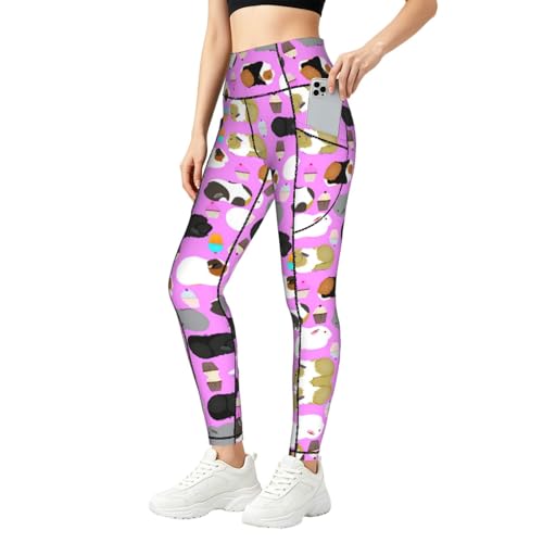 Leggings de conejillos de indias y cupcakes para mujer con bolsillos mallas de fitness
