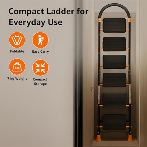 Image of Amazon Basics Curvo-Foldable Step Ladder, Ribbed Steps, Knee Guard, Non-Marring PVC Shoes, 6 Steps (Black & Orange)