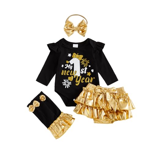 Kavousa New Years Baby Girl Outfit Long Sleeve 1st New Year Romper + Tutu Skirts + Leg Warmers+Headband Fall Winter Clothes (Black 6-9 Months)