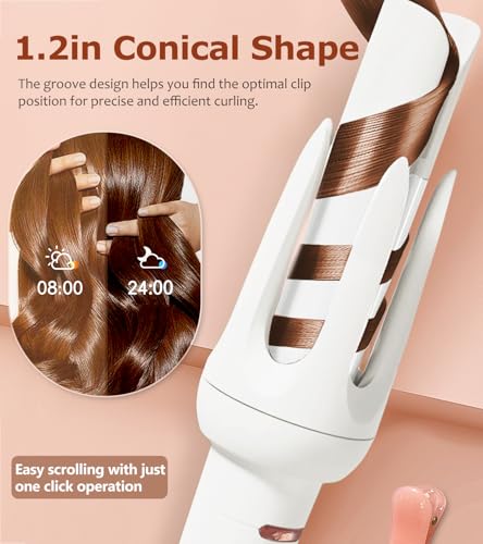 Image of Auto Hair Curler, Automatic Curling Iron with 4 Temperature & 3 Timer, Automatic Shut-Off, Anti-Scald, Anti-Tangle Rotating Curling Wand for Hair Styling, White