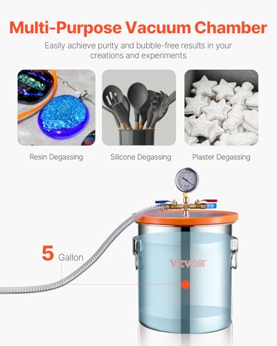 VEVOR 18,93 L Vakuumkammer & 3,5 CFM Pumpe, Edelstahlkammer, einstufiges Vakuumpumpen-Entgasungskammerset, mit Acryldeckel, Öl, 1,5 m Schlauch, Vacuum Pump Kit zum Entgasen von Harz-Silikon-Epoxiden