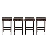 24 inch Counter Height Rattan Wicker Bar Stools Set of 4, Bistro Pub Backless Barstools, Kitchen Dining Room Chairs, Indoor Outdoor Furniture (Brown)