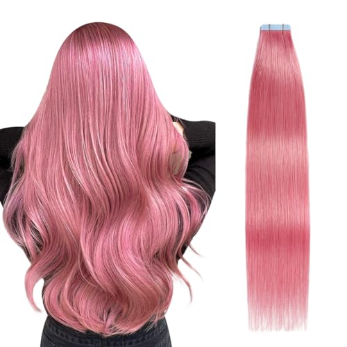 SUYYA Tape Extensions Echthaar,Invisible Tape in Extensions Echthaar Seidig Gerade Remy Tape Haarverlängerungen Echte Menschliches Haar 12 Zoll 30cm 10 Stück 20G #Heiß Pink