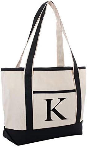 Black Linen Canvas Tote Bag With Initial For Beach Workout Yoga Vacation