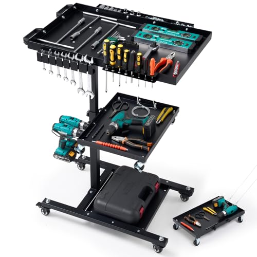 OLBRUS Rolling Work Table Adjustable Height - 3-Tier Removable Tool Cart with Wheels Portable Mechanic Organizer with Drill Storage & Lockable Casters for Garage Workshop Bicycle Repair