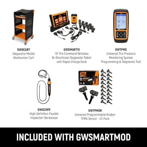 Image of GEARWRENCH 5 pc. Automotive Diagnostic Set with Cart - 10 inch Bidirectional Diagnostic Tablet, TPMS Programming Tool & 20 Rubber Valve Sensors, HD USB-C Endoscope Camera, Mobile Work Cart | GWSMARTMOD