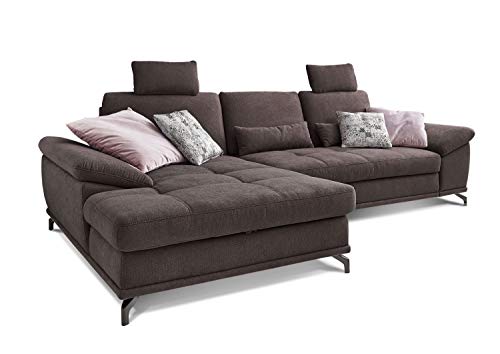 Cavadore L-Form-Sofa Castiel mit Federkern / Große Eckcouch mit Sitztiefenverstellung, Kopfstützen und XL-Longchair / 312 x 114 x 173 / Webstoff, Dunkelbraun