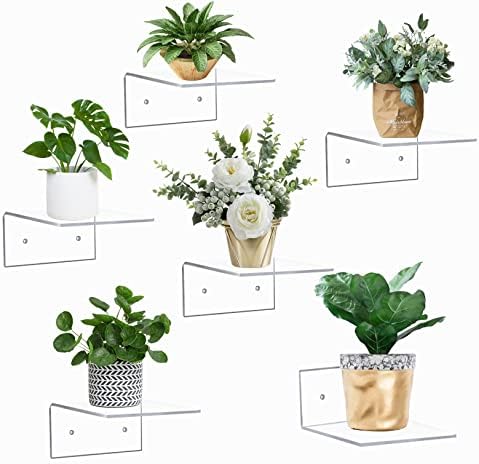 6 Pack Small Acrylic Floating Shelves for Wall, Wall Mounted Hanging Display Shelves for Plants, Funko Pop Figures, Adhesive Shelf for Bedroom, Picture Toy Clear Display Shelf