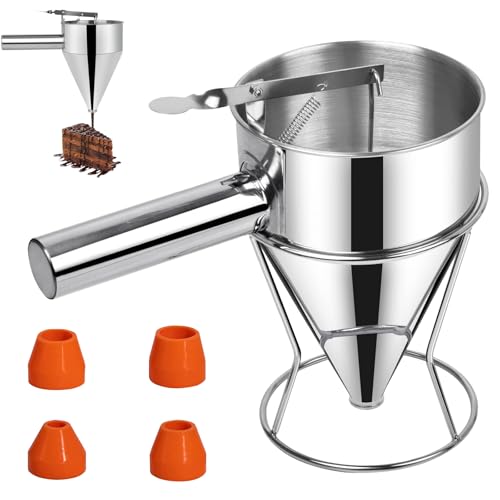 Distributeur de Pâte 1200 ml, Entonnoir a Piston, Entonnoir Cuisine Multi-Calibre en Acier Inoxydable, Support et 4 Buses Différentes, Distributeur de Pate...