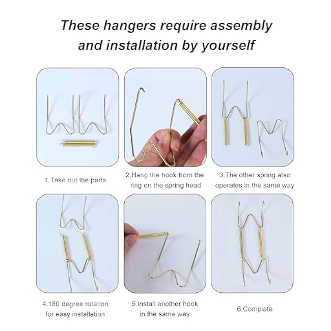 12 Pieces Invisible Vertical Plate Holders - 6 Pieces Plate Hangers for The Wall with 10 Pieces Wall Hooks for Displaying Plates, Platter, Dish (Gold, 6/8/10 Inch) ?