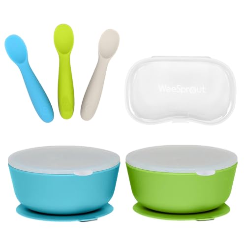 Image of WeeSprout 2 Suction Bowls & 3 Baby Spoons with Travel Case Bundle - Silicone Baby Feeding Essentials - Leak-Proof Bowls with Lids - Soft Self-Feeding Spoons - Dishwasher Safe Toddler Dinnerware