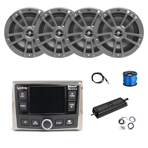 Marine Gauge Style Bluetooth AM/FM/WB Radio, 4X 6.5 180 Watt 2-Way Multi-Element Audio Speakers (Gray), Wire, Antenna, 4-Channel 1250W Amplifier w/Kit