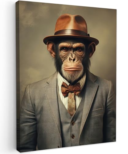 MuchoWow© Impression sur Toile Photo Peinture 60x80 cm Tableau Decoration Murale Chambre Salon Maison Deco Cuisine Vintage - Singe - Chapeau - Costume - Gris...