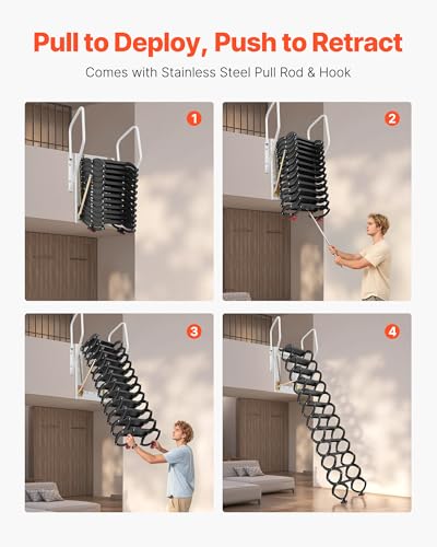 Image of VEVOR Attic Ladder Wall-Mounted, 660LBS /299.4KG Capacity, Fits 9.5 to 10 ft Ceiling Height, 12-Step Steel Folding Stairs with Handrails, Pull Down Attic Ladders for Attics, Garages, Roofs, Basements