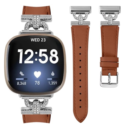 Luxe Leather Bands Compatible With Fitbit Versa 4/Versa 3/Sense 2/Sense Bands For Women D-shaped Bling Metal Buckle Replacement Straps.