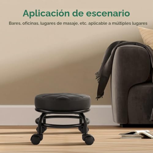 Miniatura 6 de Furwoo Roller Seat Pu Leather Low Round Rolling Stool Taburete De Piso Con Ruedas Universales Para Home Fitness Sport Pedicure Stool, H 25.5cm Negro