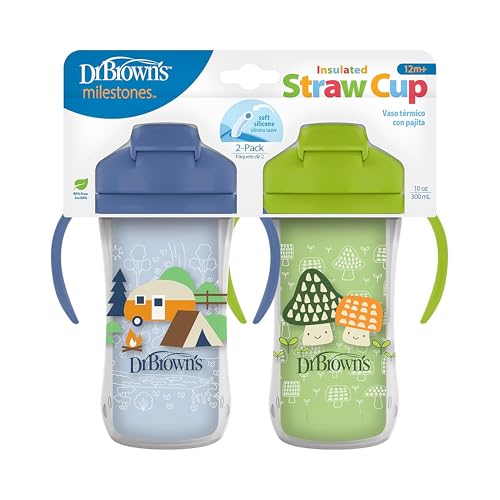 Dr. Brown's Milestones Insulated Sippy Cup with Straw and Handles, Spill-Proof Tumbler with Lid, 2-Pack, Blue & Green, 10 oz/300 mL, BPA Free, 12m+ | Insulated, with Straw, and Handles, Spill-Proof, with Lid, BPA Free