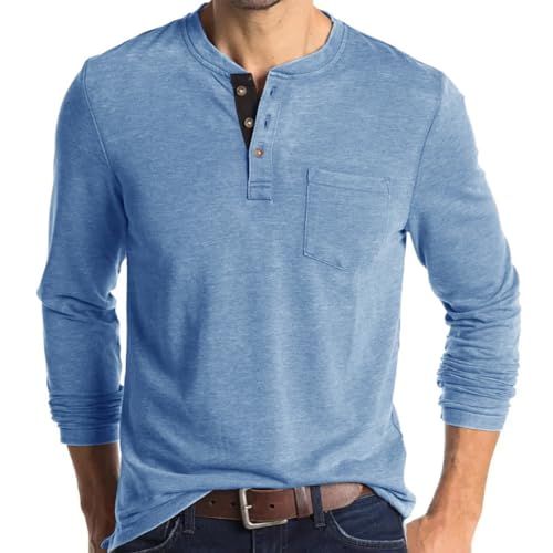 Mens Polo Shirts Henley T Shirts Collarless Grandad T Shirt Golf Shirts Long Sleeve Tops Sky Blue T Shirt Men M