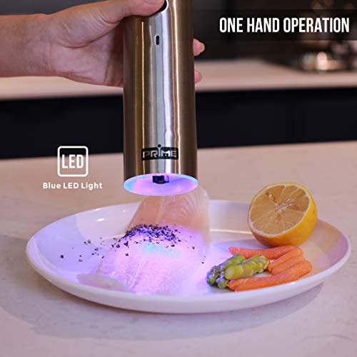 Prime Rechargeable Electric Salt and Pepper Grinder Set (Pack of 2 Mills), with Charging Base, USB Cable, Power Adapter| One-Touch Operation | Adjustable Coarseness | Blue LED Light | Stainless Steel