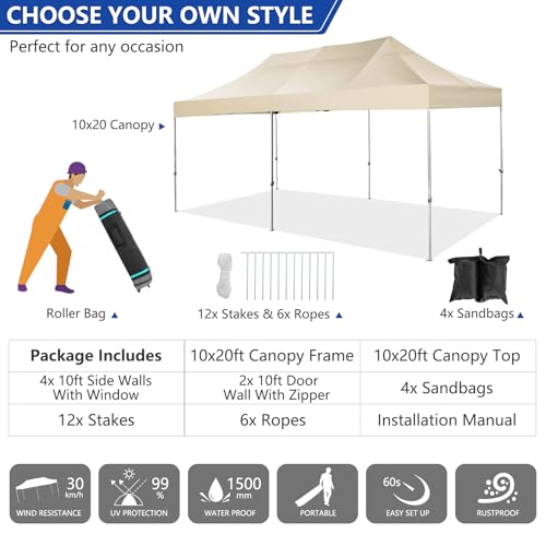 Image of COBIZI 10x20 Heavy Duty Pop Up Canopy Tent with 6 Sidewalls Thicken Frame, Commercial Easy Up Outdoor Wedding Party Tents, All Season Waterproof Windproof with Stakes Sandbags Ropes Roller Bag, Desert