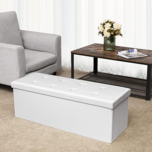 SONGMICS Storage Chest 120L, Storage Ottoman, Folding Footrest Bench, 300 kg Load Capacity, Synthetic Leather, White LSF89WT