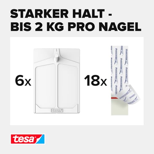 tesa Klebenagel für Tapeten und Putz 2kg im 3er Pack - Selbstklebende Nägel für empfindliche Oberflächen - rückstandslos - bis zu 2kg Halteleistung pro Nagel - 3 x 2 Klebenägel