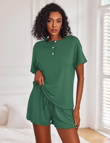 Image of Ekouaer Pajamas Set for Women Short Sleeve Lounge Set 2 Piece Loungewear PJs Soft Cute Lightweight Sleepwear,XX-Large Gray Green