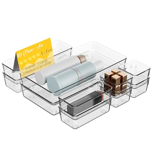 Maxset 10 PCS Clear Plastic Drawer Organizer Set, 4 Sizes Acrylic Drawer Storage Trays Non Slip Storage Bins for Makeup, Jewelry, Gadgets for Kitchen, Bedroom, Bathroom, Office