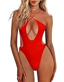 HYPERFIRE Women's Sexy Criss Cross Halter Bathing Suit Cut Out Backless Monokini Swimsuits One Piece Red X-Small