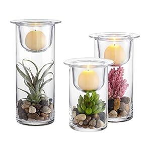 Set of 3 Cylinder Glass Succulent/Decorative Hurricane Candle Holder with Decorative Cobblestones and Artificial Plants (No Candles) – Unique Accent for Home and Table Decorative Christmas Ornaments