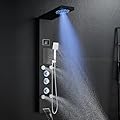 OUGOO LED Shower Panel with MIST Shower, Rainfall Head, Body Jets, Handheld and Tub Spout, No Battery Needed Shower Tower System, Stainless Steel Black