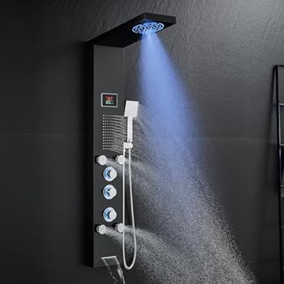 OUGOO LED Shower Panel with MIST Shower, Rainfall Head, Body Jets, Handheld and Tub Spout, No Battery Needed Shower Tower System, Stainless Steel Black