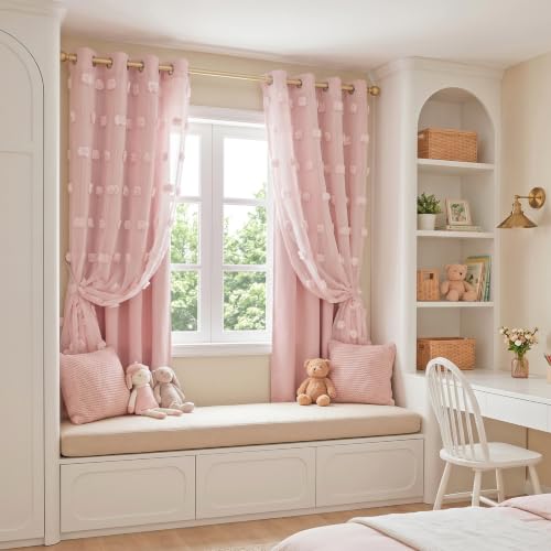 Image of MYSKY HOME Double Layer Curtains for Girls Bedroom Kids Curtain Pink Pom Pom Sheer Window Curtains 2 Panels Pink Curtains Grommet Room Darkening Solid Nursery Curtains 63 Inches Length, W52 X L63