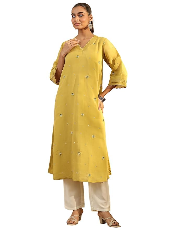 Image of Libas Embroidered Chanderi Cotton A-Line Kurta | Ethnic Wear |Wedding Dress | Ocassion Wear