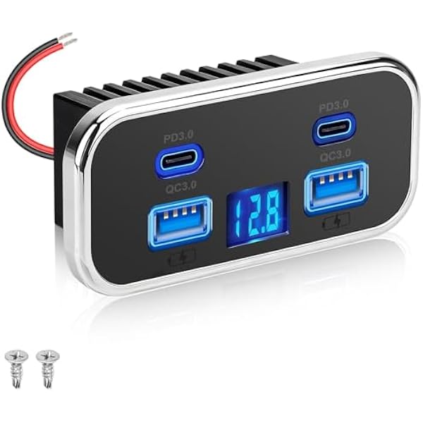 Linkstyle Gniazdo USB RV 76W, podwójne porty 18W USB-A i podwójne porty 20 W typu C, panel z woltomierzem do samochodu, ciężarówki, łodzi 12V/24V