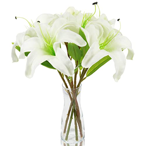 Tinsow 6 Pcs Artificial Lily Real Touch Fake Flowers Lily for Wedding Home Party Garden Shop Office Decoration Easter Lily (White, 6)