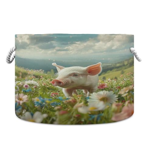 Jihqo Little Pig in Field Storage Basket Cotton Rope Baskets for Closet Fabric Laundry Baskets with Handle for Toy Home Office Room Organizer