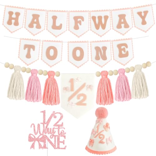 Image of THAWAY 1 /2 Birthday Girl Decorations, Pink Half Way to One Felt Banner Kit | 6 month party supplies; pink half birthday cake topper; adjustable 1 /2 hat; natural wood bead high chair decor