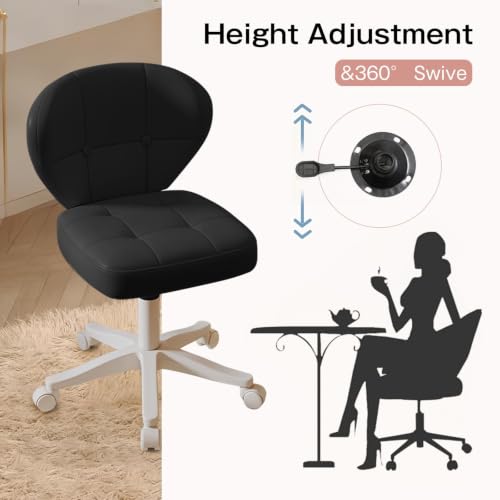 Image of Small Office Chair with Lumbar Support, PU Leather Armless Swivel Desk Chair Adjustable Height, Compact Rolling Chair for Home Office, Bedroom, Study Black Set of 2