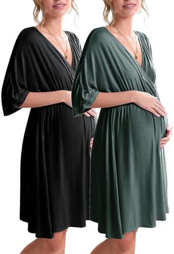 Ekouaer 3 in 1 Labor/Delivery/Hospital Gown 2 Pack Maternity Dres...