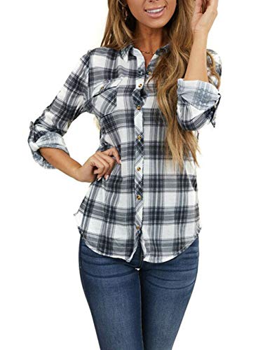 NUOREEL Women's Classic Plaid Shirt Button Down Shirts Roll Up