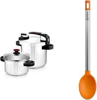 BRA Tekna Set of Quick Pressure Cookers, Stainless Steel, Grey, 24 cm, 7+4 Litres & Efficient Cooking Spoon, Stainless Ste…