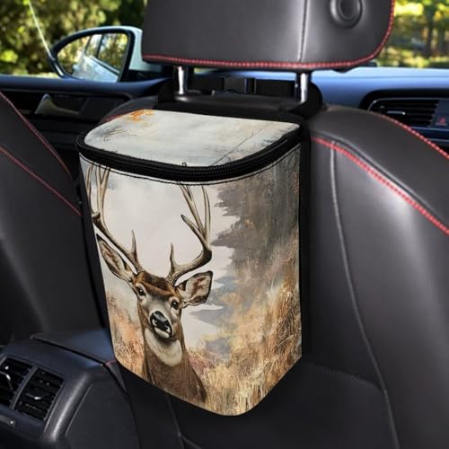 Image of Talayituse Deer Forest Print Car Trash Bin, Large Size Auto Trash Can Adjustable Portable Garbage Can with Lid, Vehicle Hanging Bag for Headrest Front Back Seat